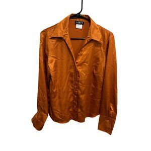 Libra Shirt Orange Satin Button Up Long Sleeve Size M/M Quiet Luxury Retro Glam